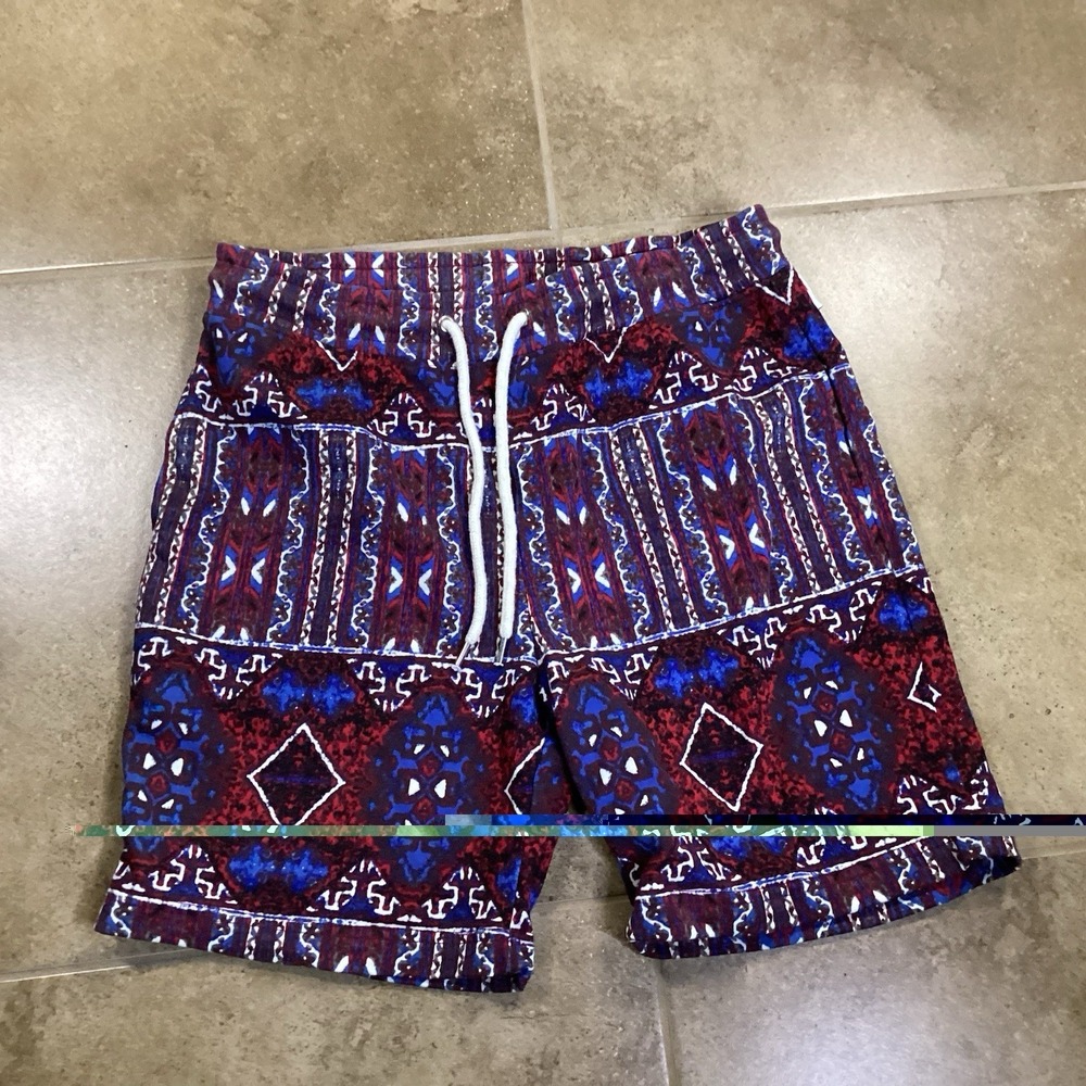 Forever 21 Mens Sz S Swim Trunks Red Blue Geometric Tribal Print Drawstring